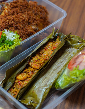 Indonesian Pepes Udang in Banana Leaf Spicy Shrimp Traditional Steamed Food Close Up