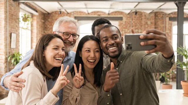 Five coworkers stand shoulder to shoulder at eye level while one holds smartphone forward for group selfie; smiles, peace signs, and thumbs up create friendly energy inside modern loft workspace