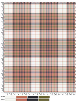 Seamless classic tartan plaid pattern featuring an intersection of white, peach/rust orange, dark grey, and olive green lines with color swatch bars at the bottom, ideal for fashion, apparel.