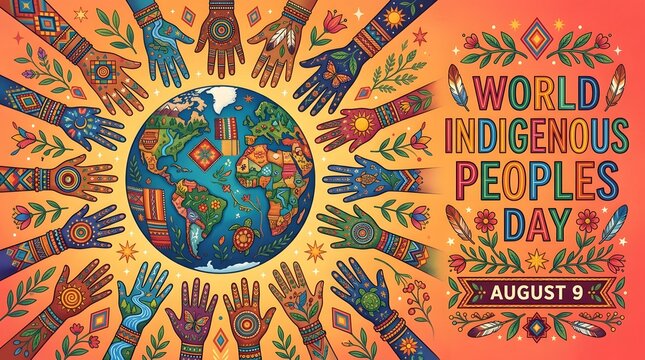 Floral ornament and hands surrounding a world map vector illustration