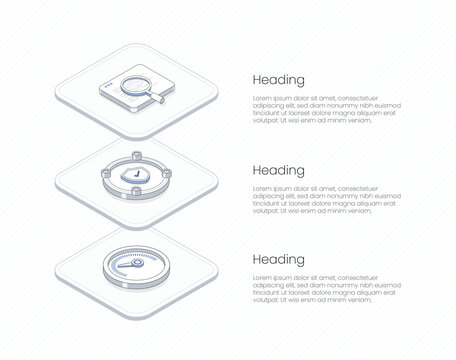Three layer isometric infographic. Search magnifier, security shield, performance speedometer. 3 cards editable heading text. Technology process business workflow, service feature, presentation design