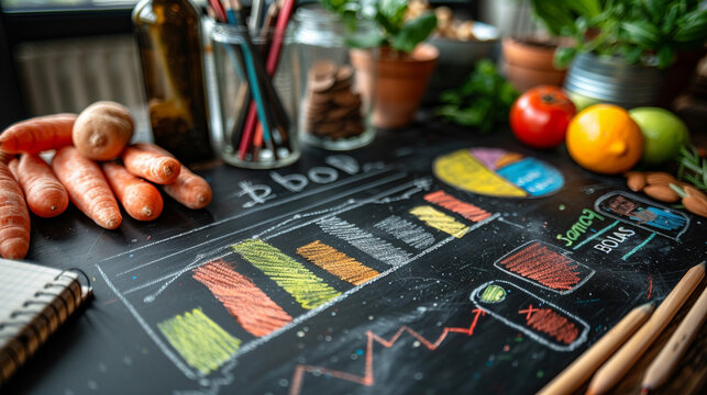 Healthy food chart on a chalkboard. Colorful charts and graphs with vegetables and fruits displayed on a dark wooden table.