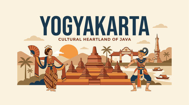 A serene flat design vector illustration featuring 'YOGYAKARTA' typography, subtly incorporating elements of Borobudur temple stupas and Javanese dancers, presented in a warm, cultural color palette.
