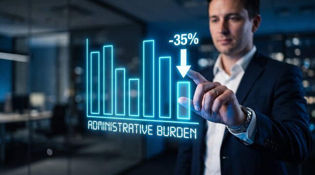 Administrative burden reduction concept, businessman pointing at digital bar chart showing 35 percent decrease, corporate efficiency and cost optimization