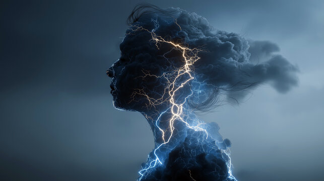 Cinematic visualization of chronic pain as storm clouds gathering inside a human silhouette, lightning within body outline, dark dramatic composition