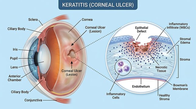 Comprehensive medical infographic of keratitis and corneal ulcer showing labeled eye anatomy including the stroma and epithelial defect with a detailed view of inflammatory cell infiltrates