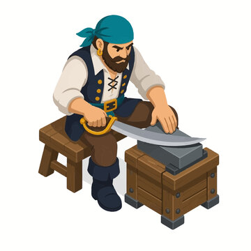 Isometric vector illustration of a bearded pirate character sitting on a wooden bench and sharpening a curved steel cutlass sword using a whetstone on a rustic crate.