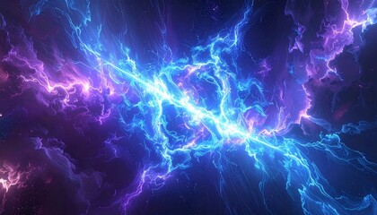 Fototapeta premium 宇宙空間での強烈なエネルギー放電と紫のネビュラ嵐、高エネルギー天体現象