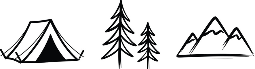 Hand drawn vector illustration set of camping tent pine trees and snow covered mountains isolated on a white background design. © ASDF