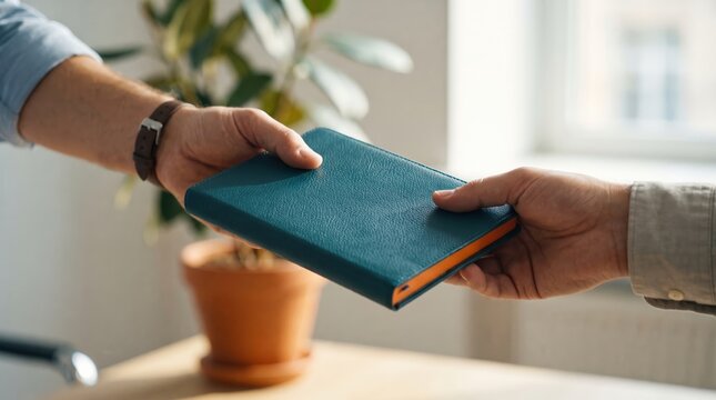 Manager Handing Planner to Employee in Office