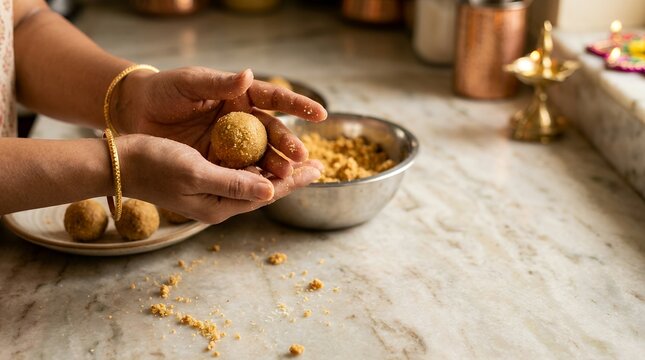 Woman making traditional Indian Diwali sweets. Hands shaping golden besan laddoo balls.
