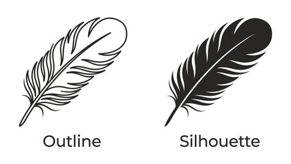 Feather Illustration: A graphic representation of a feather in two styles: a detailed outline and a solid silhouette, perfect for design elements or symbols. © Ajhar234