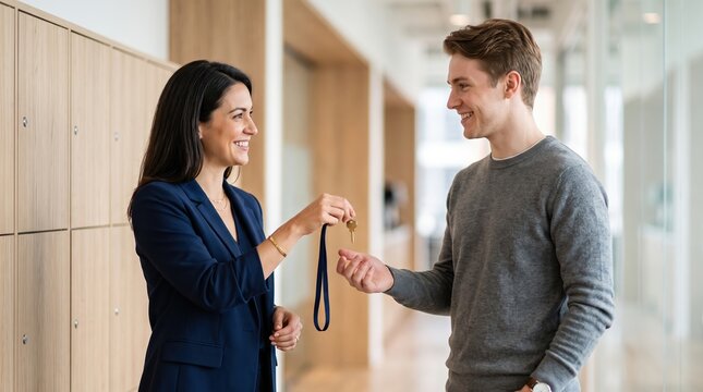 Professional office interaction handing over keys
