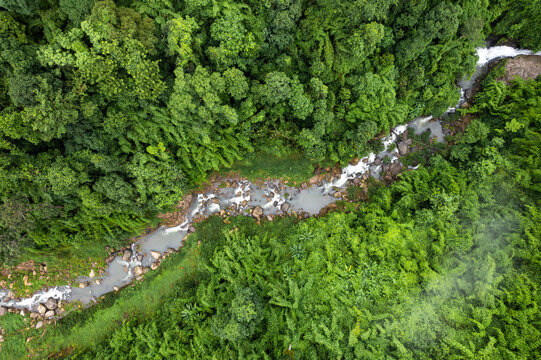Beautiful aerial view of Khao Chong Lom is a famous natural attraction at Khun Dan Prakan Chon Dam, Nakhon Nayok, Thailand.