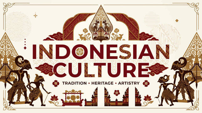 A elegant flat design vector illustration of 'INDONESIAN CULTURE' typography, adorned with integrated traditional Batik patterns and Wayang puppet silhouettes, rendered in a rich, cultural color palet