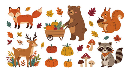 Obraz premium Forest animals with autumn motifs. Cute woodland creatures and fall harvest vector set.