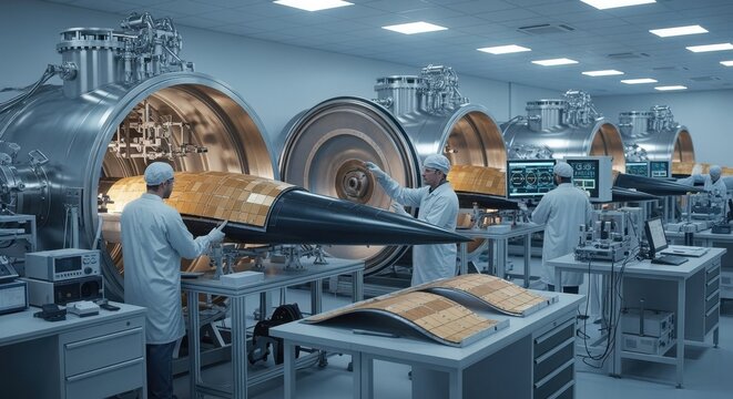 Interior of an aerospace bonding lab showcasing vacuum chambers used for bonding thermal shields onto hypersonic glidevehicles.