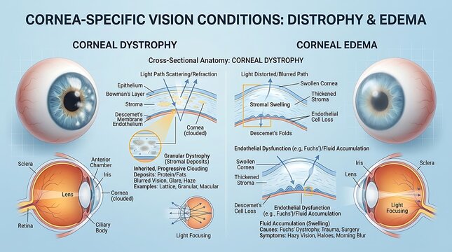 Detailed medical illustration of corneal dystrophy and edema featuring cross sectional anatomy of the eye, light path scattering, stromal swelling, and endothelial cell dysfunction