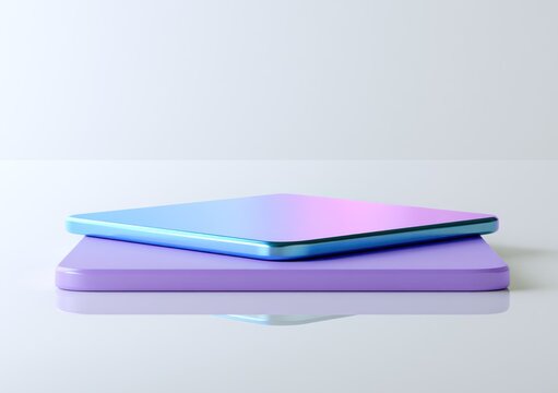 Two stacked square iridescent podiums on white surface