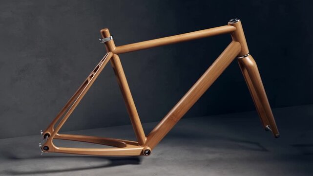 A sleek wooden bicycle frame is showcased in a minimalist studio setting with dramatic lighting against a dark gray background.