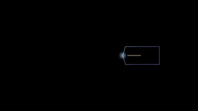 Abstract animated pointer label drawn as blue and cyan glowing lines and dots on a deep dark background. Clean minimal motion graphics element with free space around it, ideal for title sequences, use