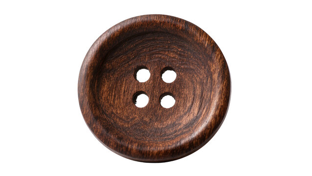 Round dark brown wooden button with four holes, isolated on transparent background
