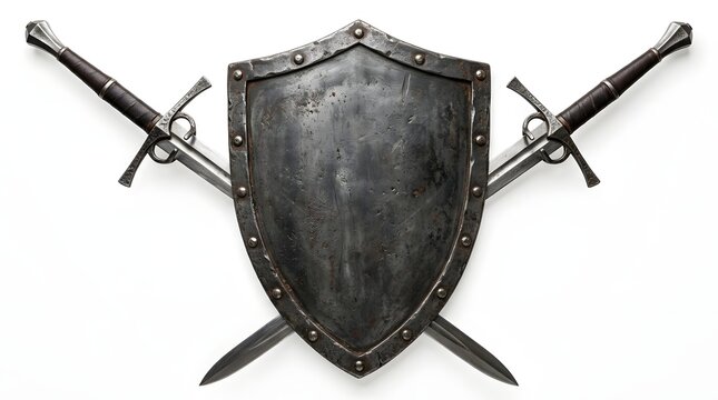 A vintage metal shield with two crossed swords isolated on a clean white background for design
