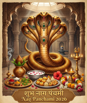 Golden Five Headed Cobra Sheshnaag in Temple with Shivling Milk Bowl Sweets Puja Thali and Nag Panchami
