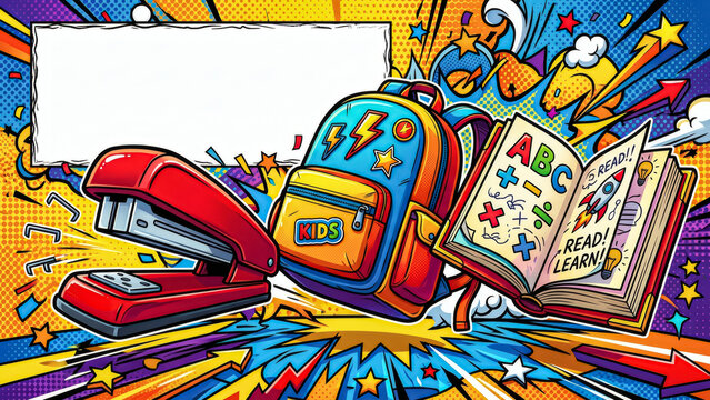 Stapler backpack and open book in a vibrant comic book style illustration