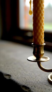 Close-up of a honeycomb candle in a brass candlestick on a stone surface