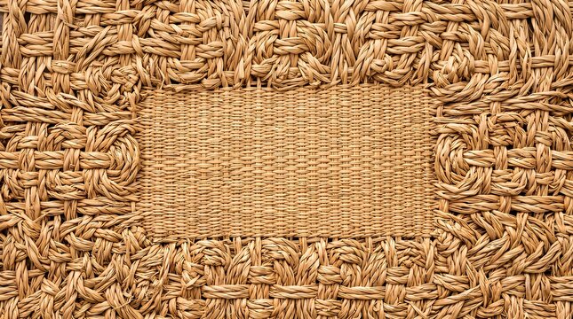 Rustic beige rattan weaving background with intricate braided pattern and central copy space