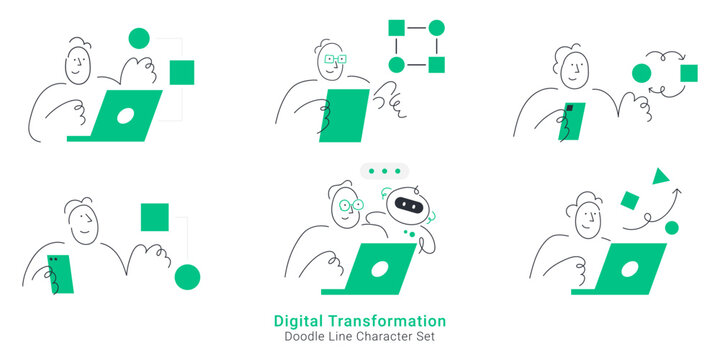 Digital transformation and innovation concepts. Doodle line characters using laptops and smartphones, collaborating with AI chatbot, and managing modern data workflows.