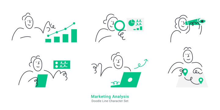 Marketing analysis and business research concepts. Doodle line characters tracking growth charts, inspecting data, looking through telescope, and mapping targets.