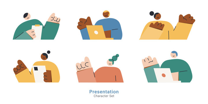 Business presentation and communication concepts. Modern flat character set of diverse people presenting ideas, working on laptops, and speaking.