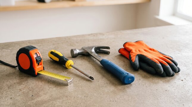 Essential hand tools and gloves on concrete desk