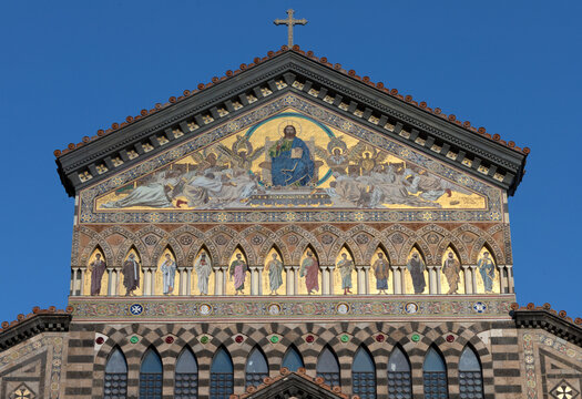 Amalfi -  The top part of  cathedral facade with the mosaics (Jesus as the Pantokrator and apostles) designed by Domenico Morelli from end of 19. cent.