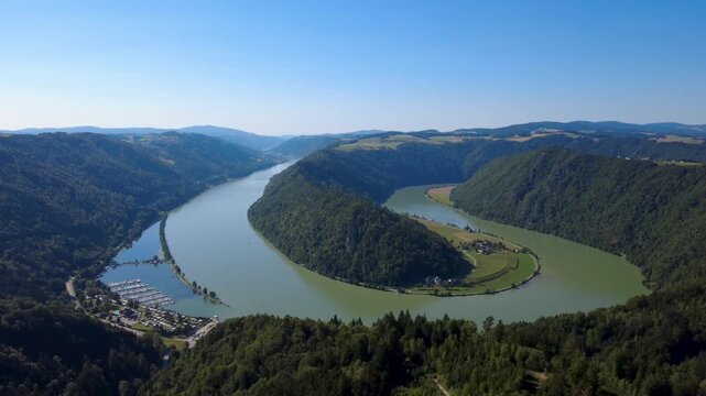 Aerial view of the Schl&ouml;gener Schlinge horseshoe loop of the river Danube in Upper Austria