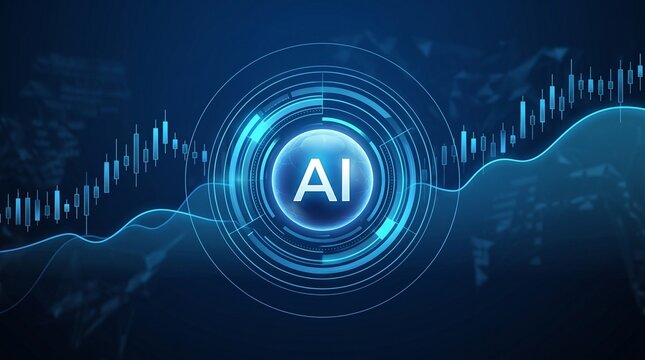 Artificial Intelligence AI Glowing Sphere Logo with Financial Stock Market Graph Trading Chart Background

