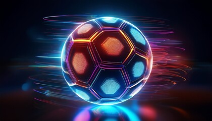 Naklejka premium futuristic neon digital soccer ball with glowing motion trails