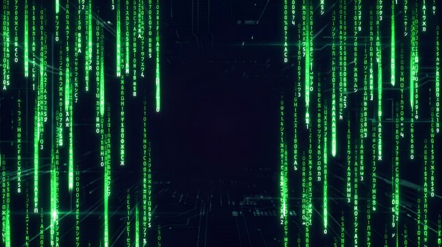 Abstract digital green matrix code falling rain background with futuristic technology circuit design