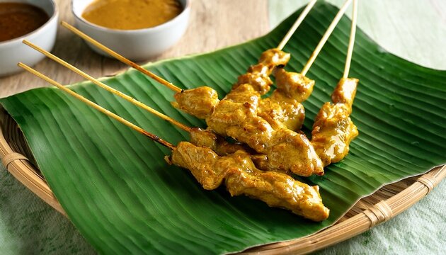 delicious chicken satay skewers with peanut sauce on banana leaf