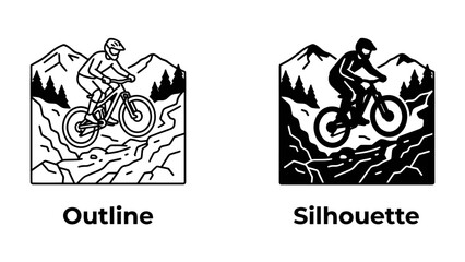 Naklejka premium Mountain Bike Adventure: Dynamic outline and silhouette illustrations depict a cyclist navigating a challenging downhill trail amidst rugged mountains and pine trees.