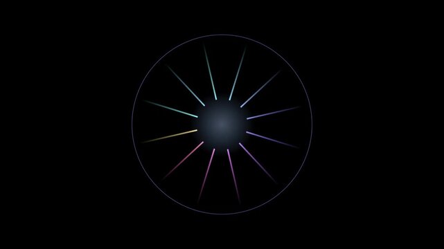 Abstract animated targeting reticle with spinning motion drawn as blue and cyan glowing lines and dots on a deep dark background. Clean minimal motion graphics element with free space around it, ideal