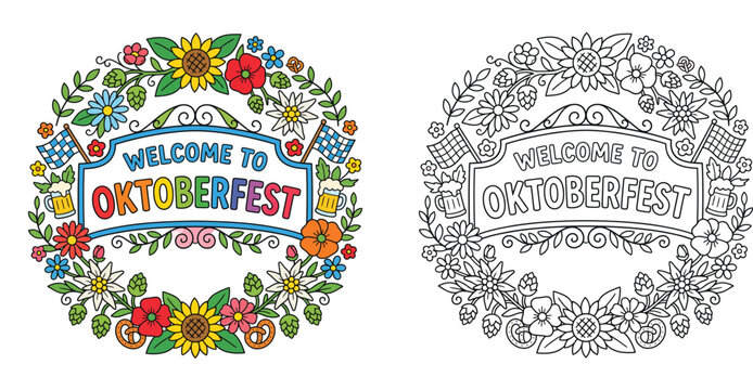 Welcome to Oktoberfest circle frames set with beer, pretzels, flowers