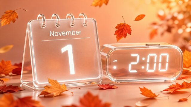 Daylight Saving Time ends concept. A modern transparent glass calendar showing November 1 and a digital clock at 2:00 AM, surrounded by falling autumn leaves in a warm aesthetic 3D glassmorphism style