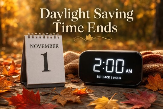 .Daylight Saving Time ends concept of changing clocks in the USA 2026. The image features a desk calendar showing November 1 and a digital clock displaying 2:00 AM with a 'set back 1 hour' reminder
