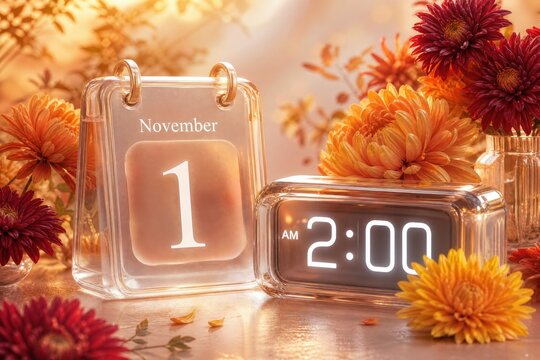 .USA 'Fall Back' 2026 concept for Daylight Saving Time ending. A modern transparent glass calendar showing November 1 next to a 2:00 AM digital clock, surrounded by vibrant autumn chrysanthemums 