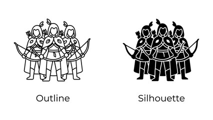 Archers Team: A striking graphic featuring two distinct representations of an archer team - one in outline and the other as a solid silhouette, showcasing warrior figures with bows ready. © mstmahmuda