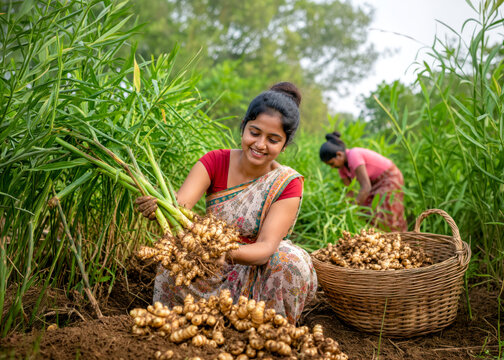 Young woman harvesting fresh ginger roots in an organic farm field