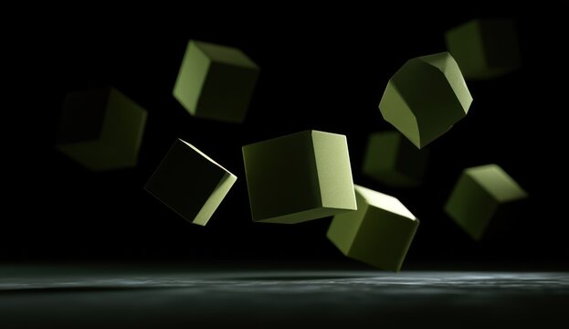 Sharp floating geometric cubes in dark void.